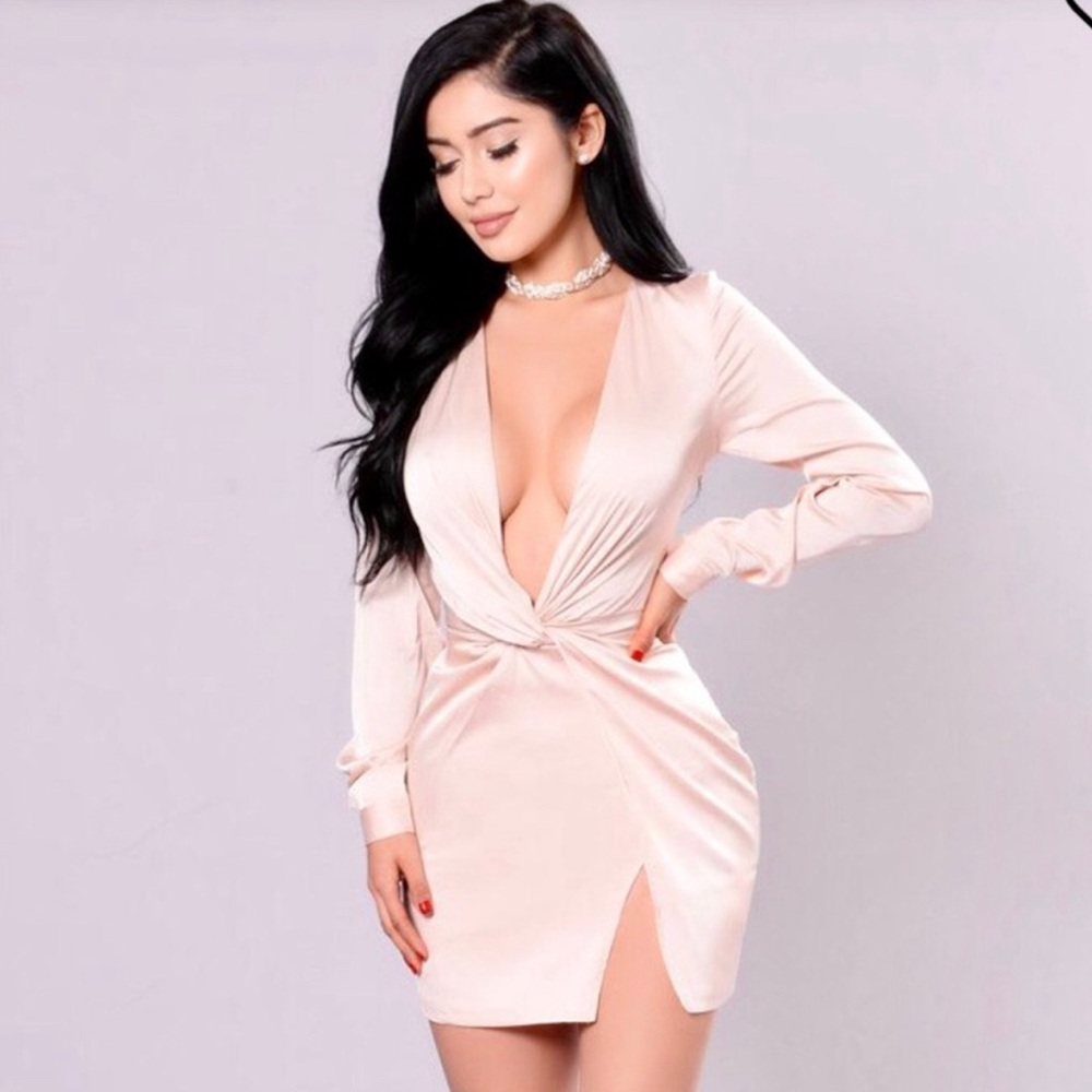 Fashion Nova Sugar Free Dress Taupe Satin Long Sleeve V Neck Minidress with Slit